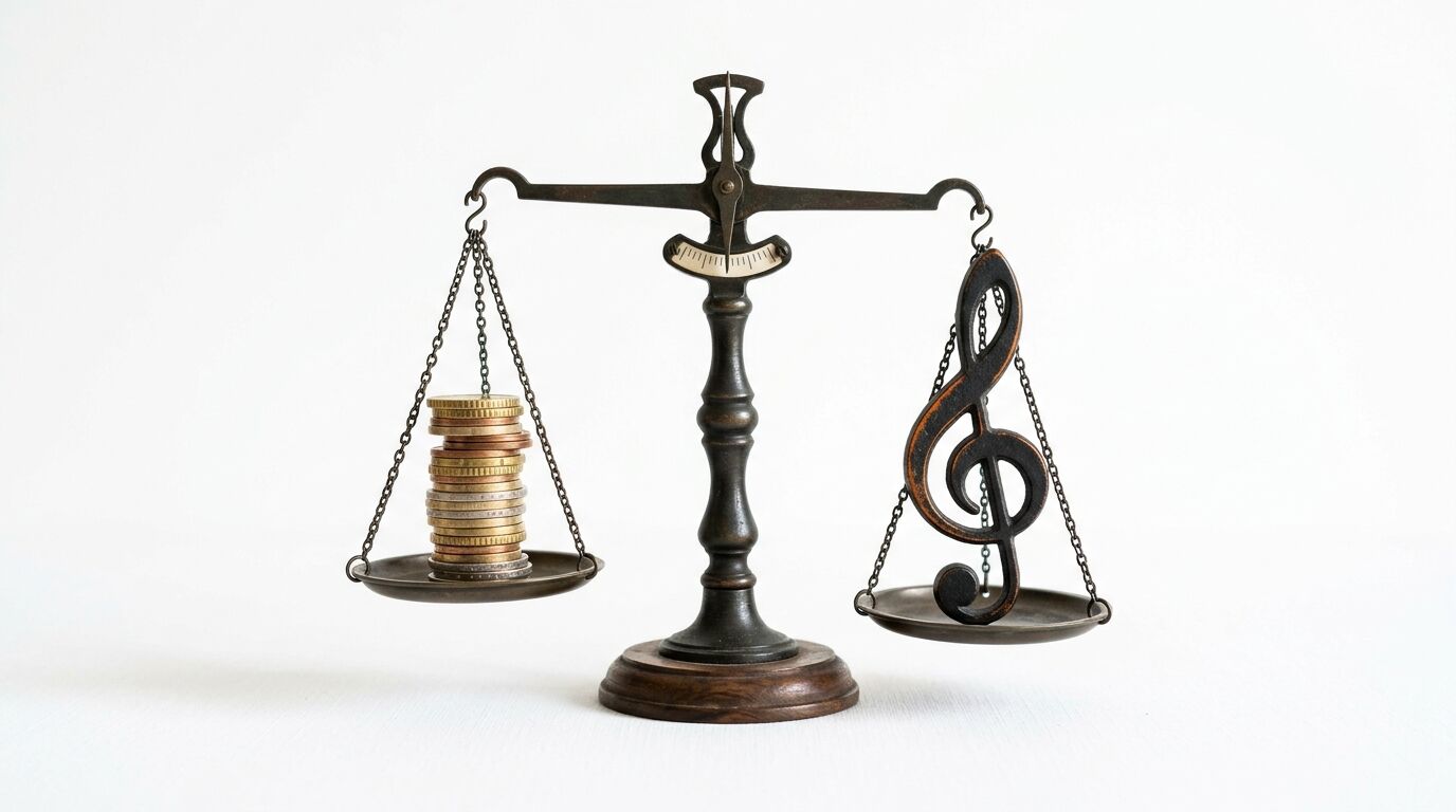 Alte Waage mit Stapel Euro-Münzen und Violinschlüssel auf den Waagschalen vor weißem Hintergrund