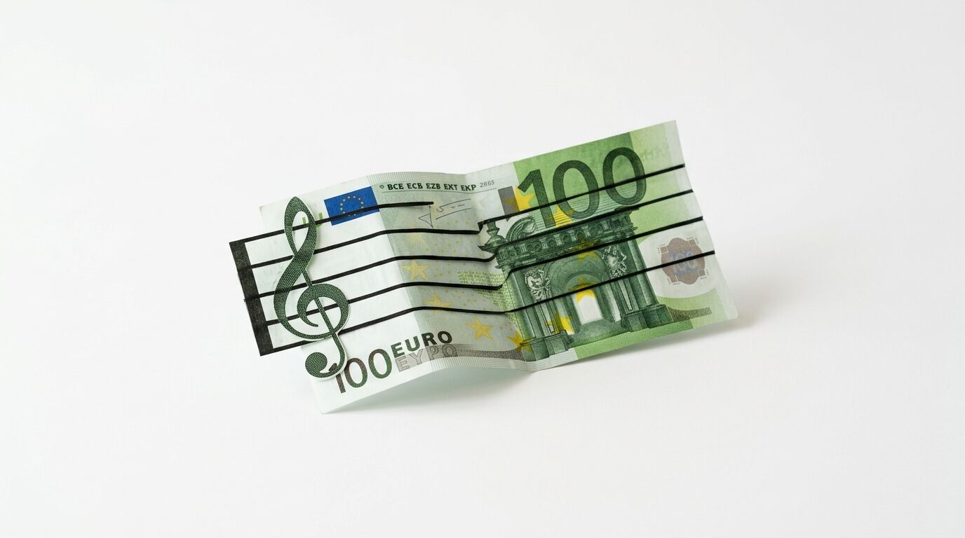 Gefalteter 100-Euro-Schein mit Notenschlüssel und Notenlinien darauf, vor weißem Hintergrund