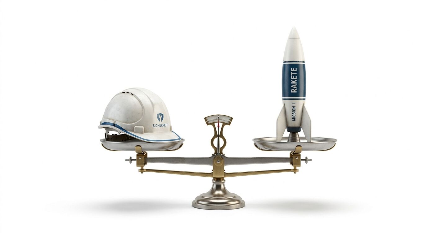 Eine Balkenwaage hält einen Helm (links) und eine Rakete (rechts) im Gleichgewicht