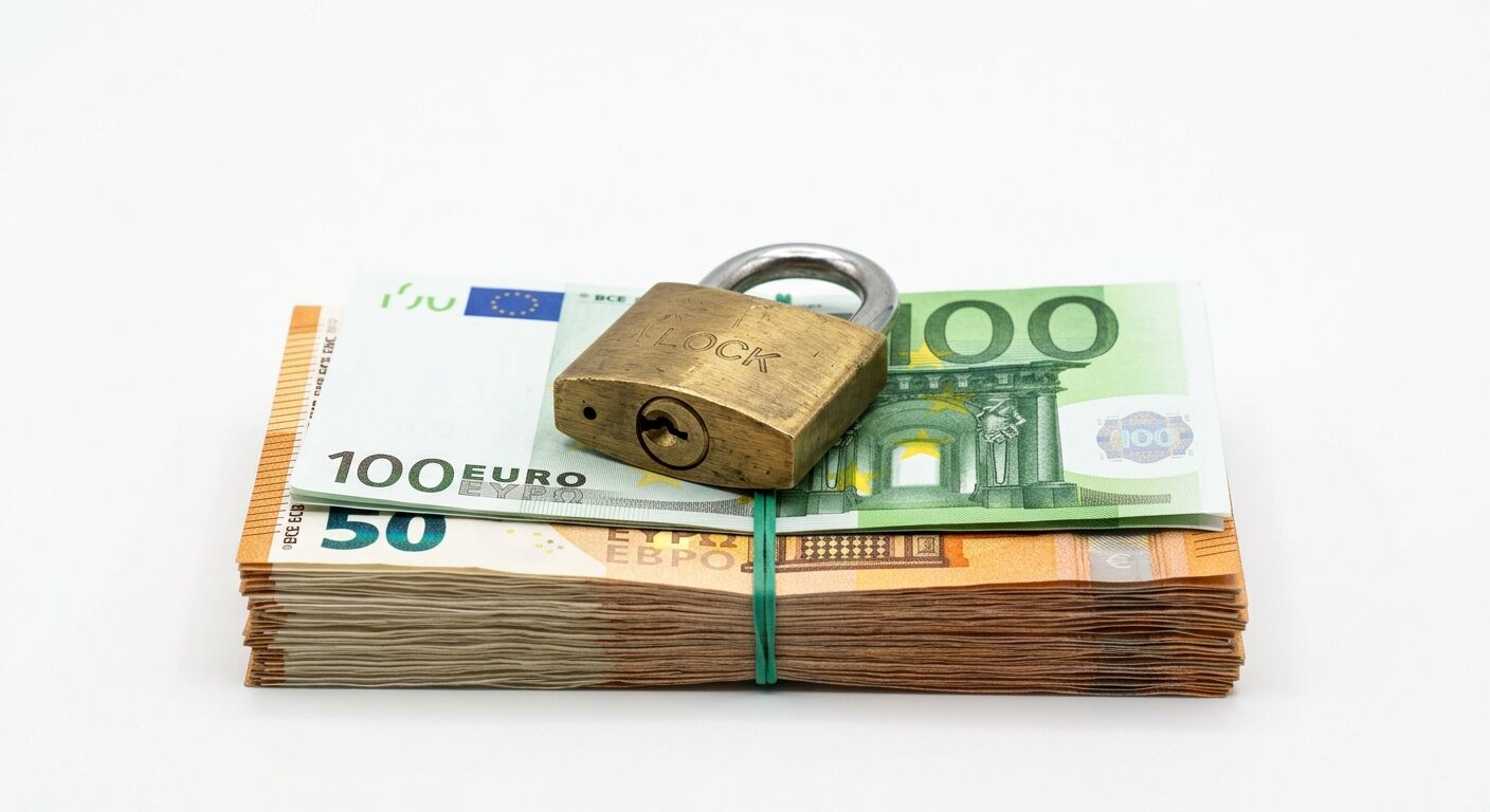 Bündel Euroscheine mit Gummiband und Vorhängeschloss auf weißem Grund