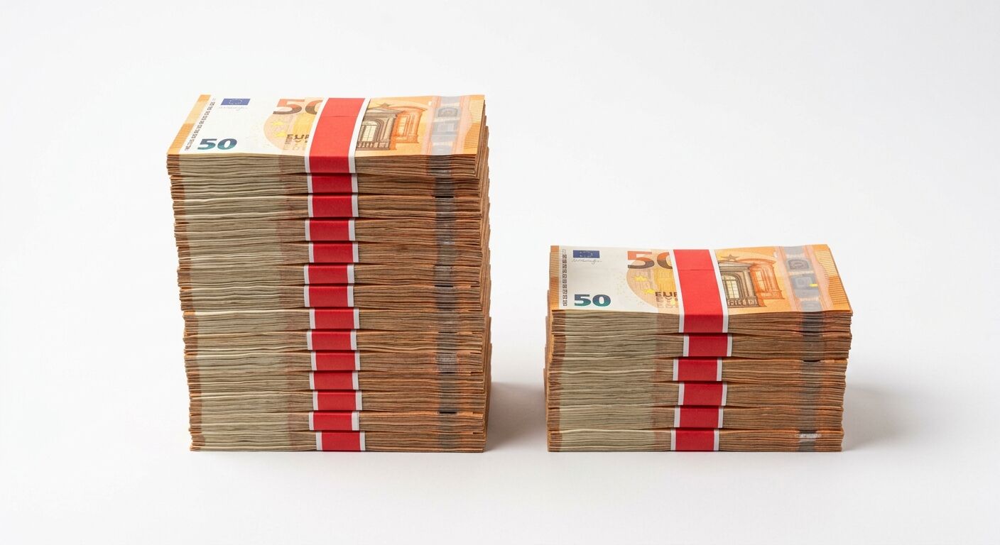 Zwei ungleich hohe Stapel gebündelter 50-Euro-Scheine auf weißem Grund