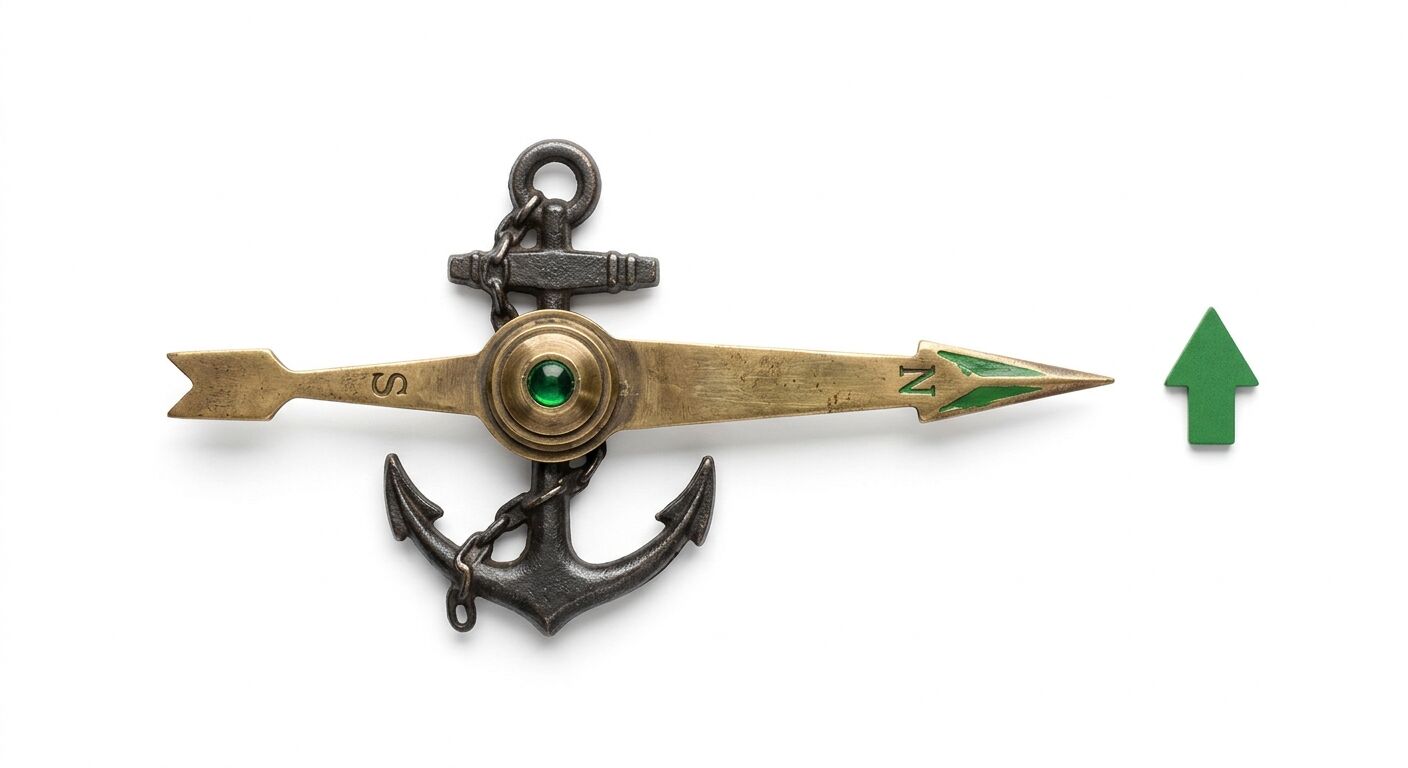Messingpfeil, beschriftet mit N und S, auf dunklem Metallanker mit Kette und grünem Pfeilsymbol