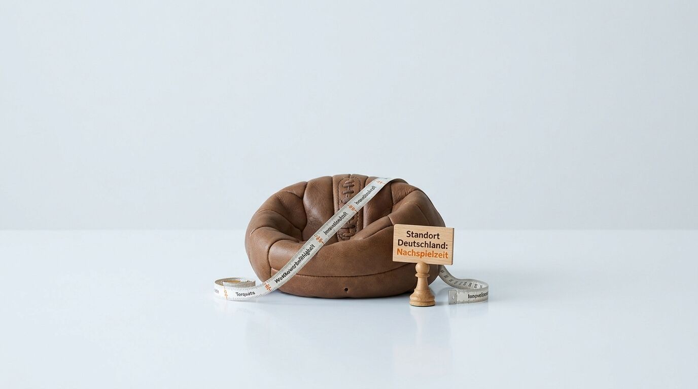 Lederball-Hocker mit Maßband und Textschild vor weißem Hintergrund