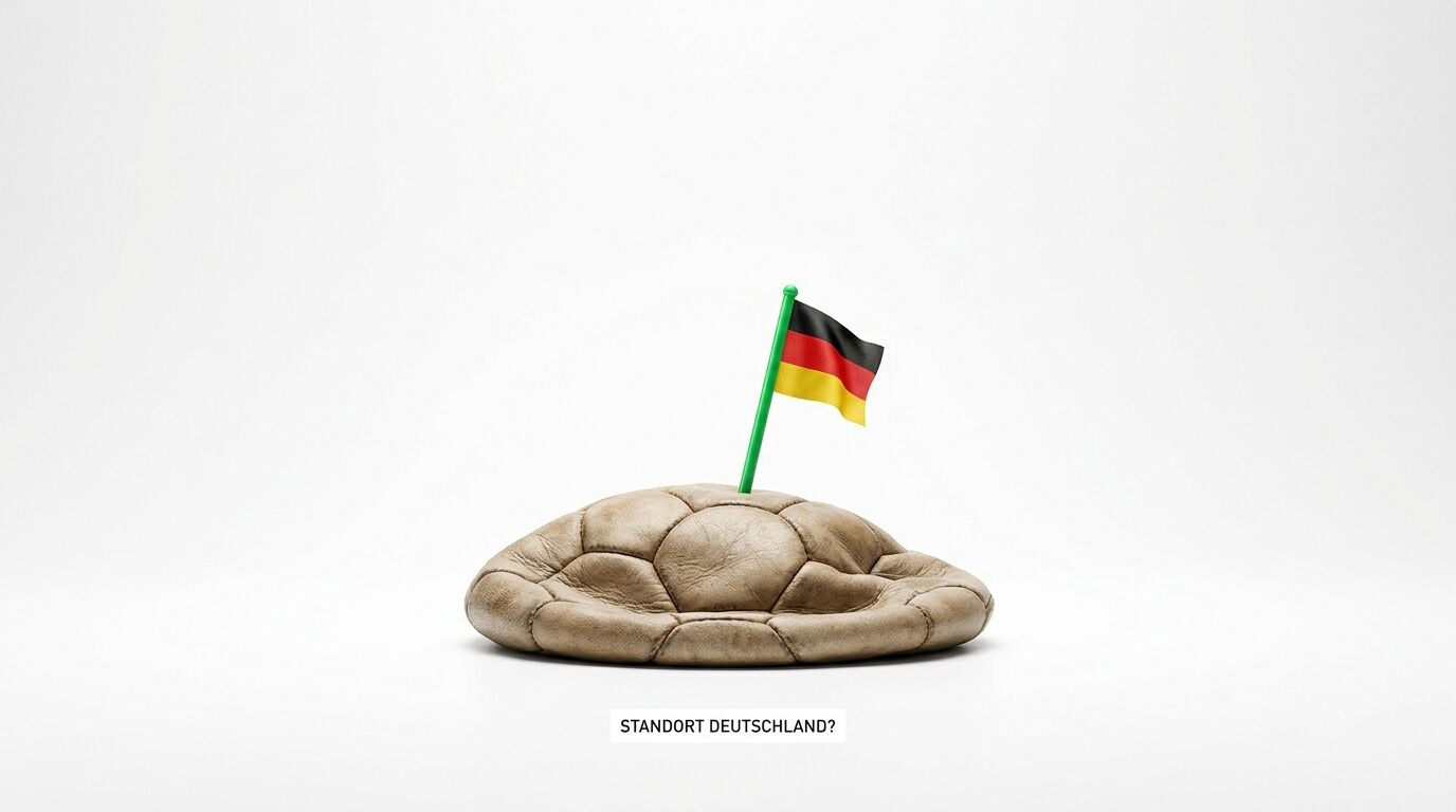 Kaputter Fußball mit Deutschlandfahne auf weißem Grund; Text „STANDORT DEUTSCHLAND?“ darunter