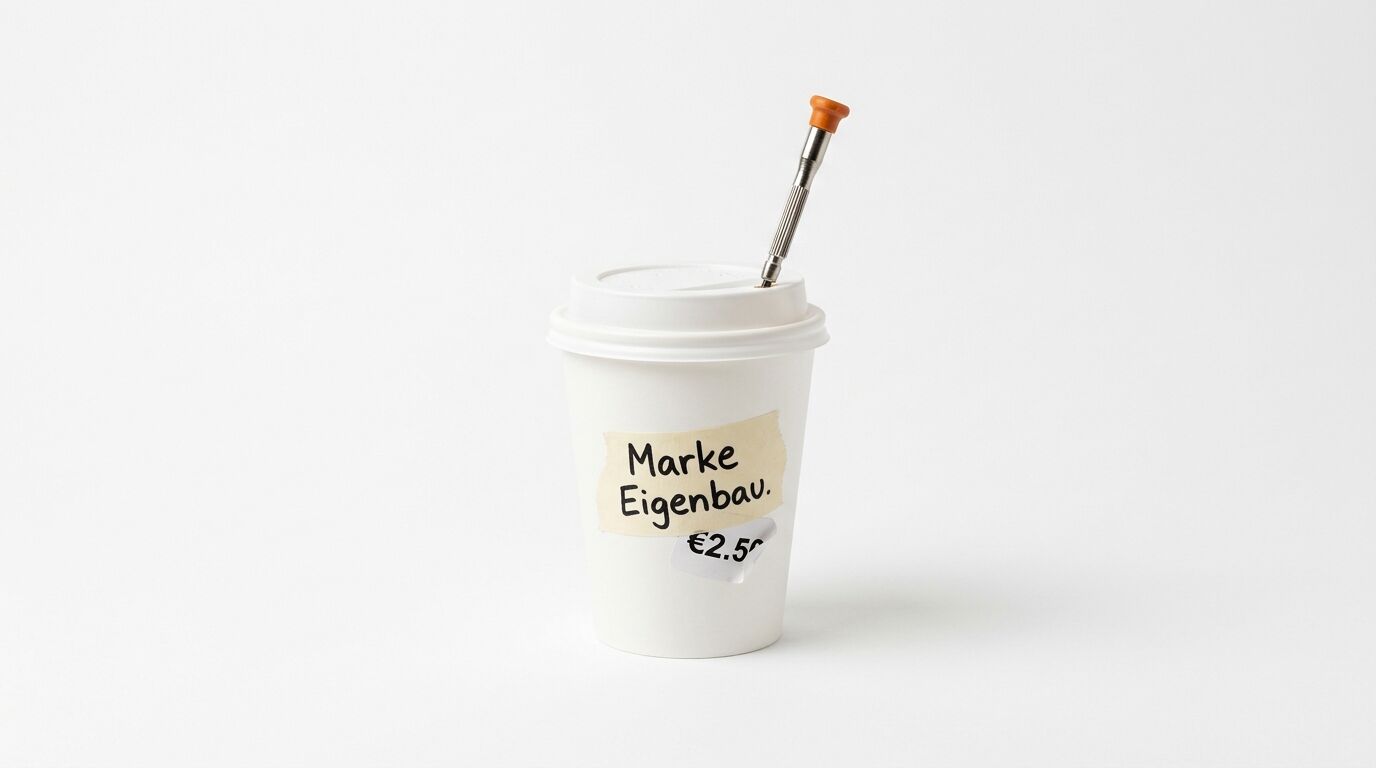 Kaffeebecher mit Klebeband und Text