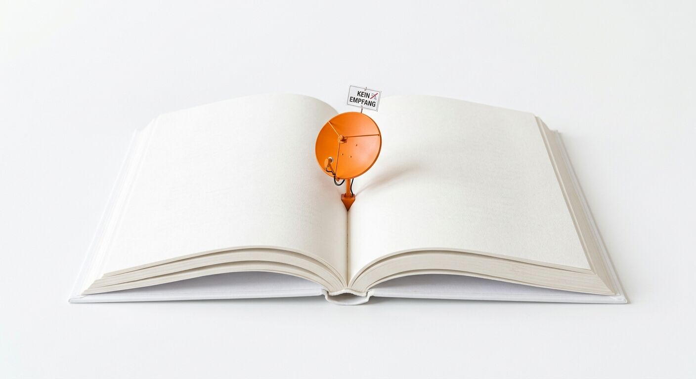 Geöffnetes Buch mit orangefarbener Satellitenschüssel und Schild