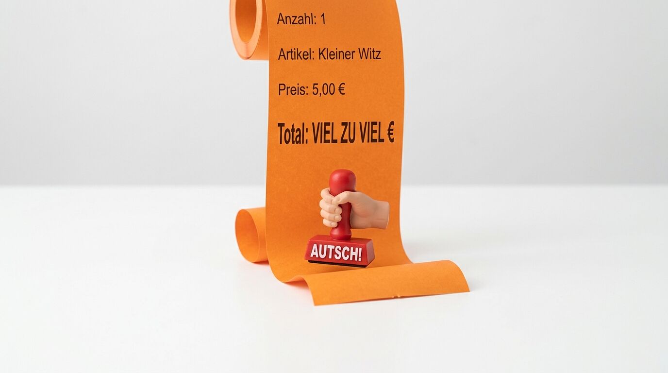 Oranges Papier mit Rechnungstext und Stempel mit Handgriff und Aufschrift „AUTSCH!“ auf Weiß