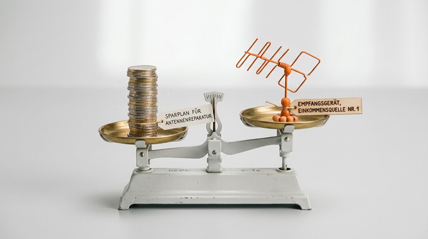 Balkenwaage mit Geldstapel links, Antennenmodell rechts, beide mit beschrifteten Schildchen