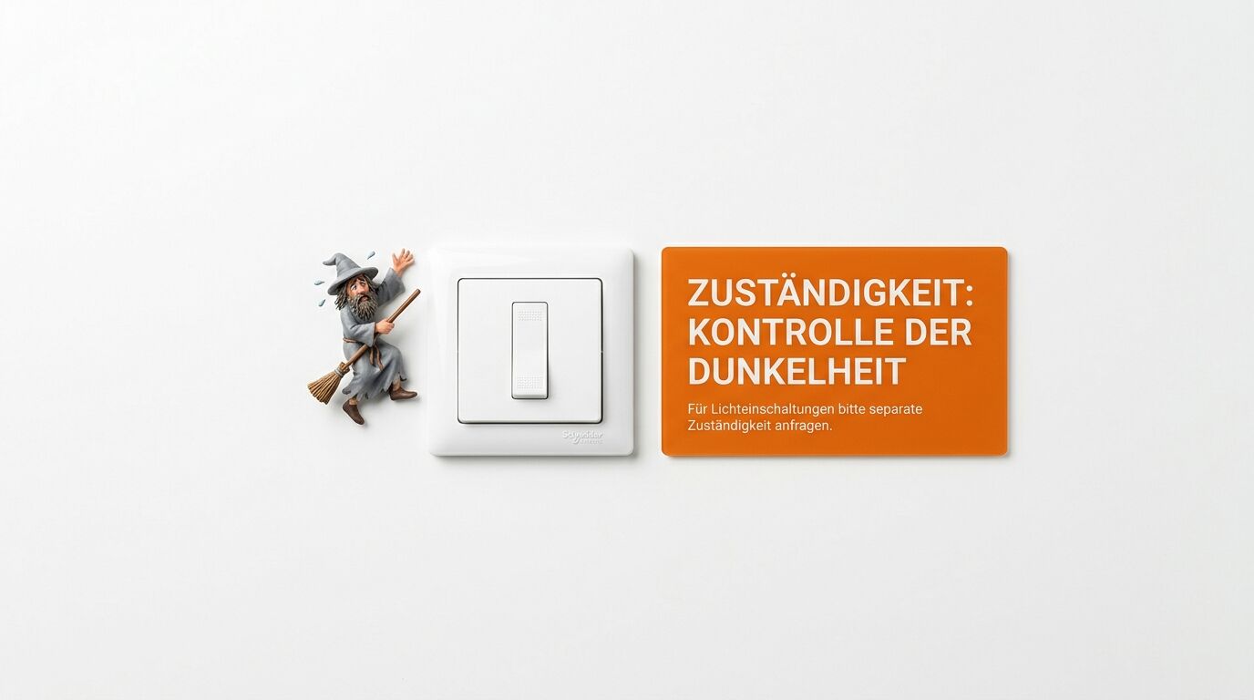 Bild mit Zauberfigur, Lichtschalter und orangefarbenem Hinweisschild zur Kontrolle der Dunkelheit