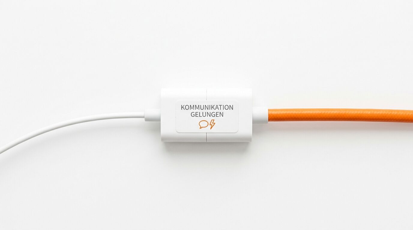 Verbindung eines weißen und eines orangefarbenen Kabels mit Aufschrift „KOMMUNIKATION GELUNGEN“