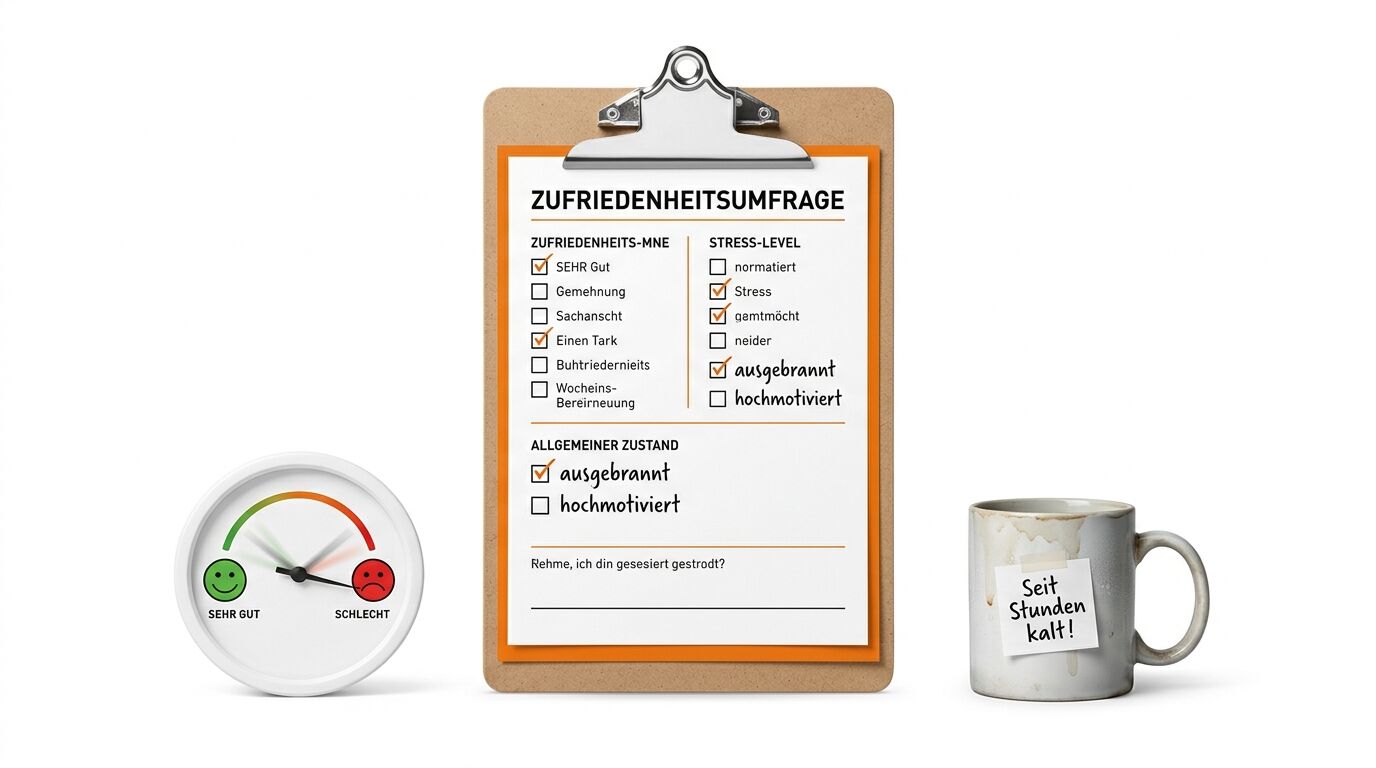 Klemmbrett mit ausgefüllter Umfrage, ein Unzufriedenheitsanzeiger und eine Tasse Kaffee