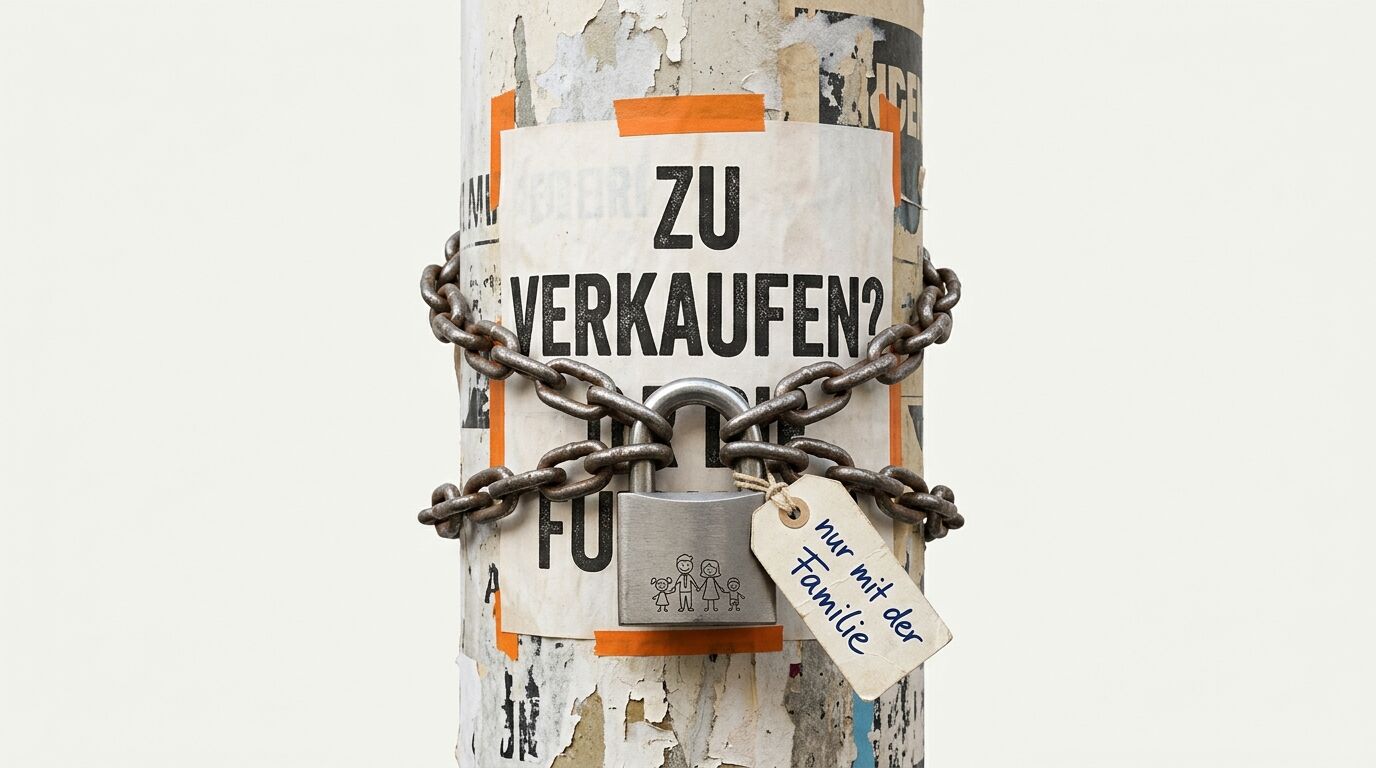 Plakat mit Kette, Schloss und Anhänger an Säule vor weißem Grund