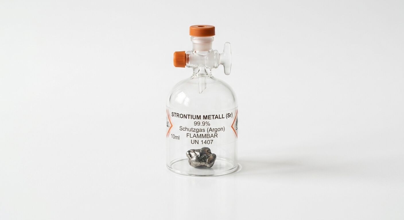 Schlenkkolben mit Metallprobe, beschriftet „STRONTIUM METALL (Sr)“