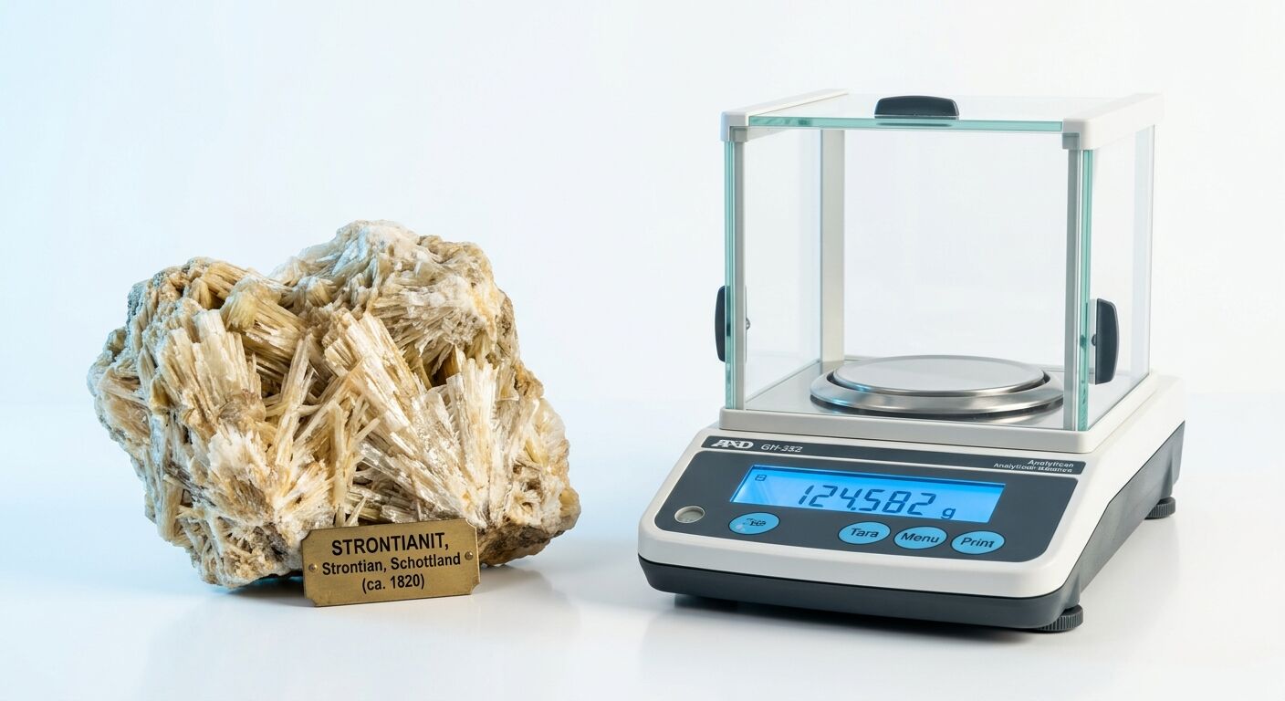 Analysenwaage mit Anzeige von 124,582g neben einem Strontianit-Mineralkristall