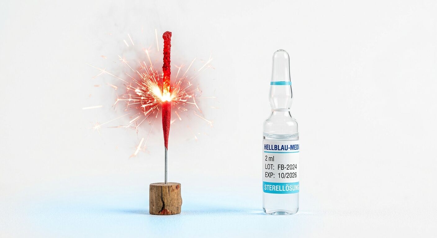 Brennende rote Wunderkerze in Holzhalterung und daneben eine beschriftete Glasampulle