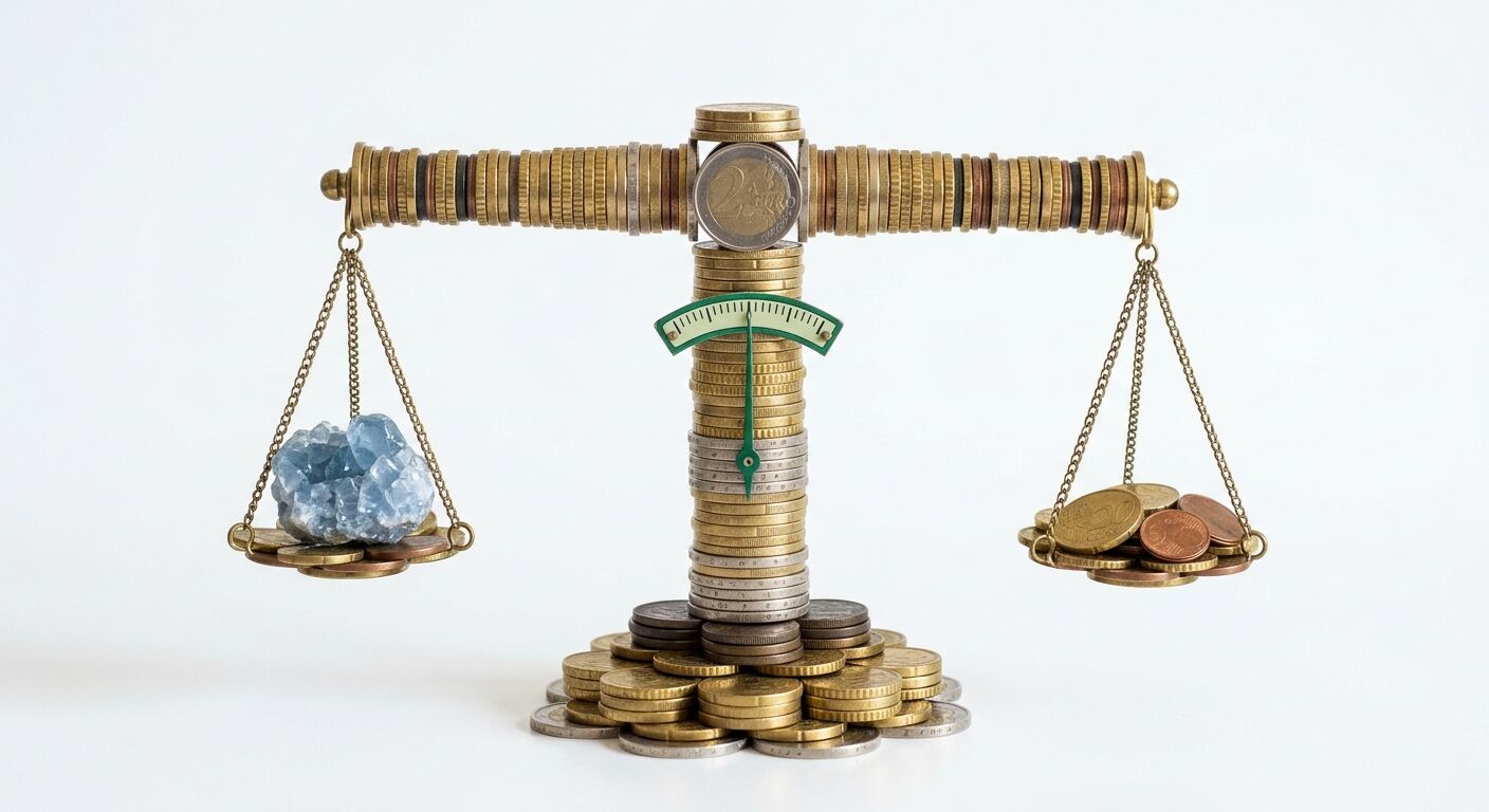 Eine Balkenwaage, die aus gestapelten Euro-Münzen besteht, wiegt einen Kristall gegen Münzen