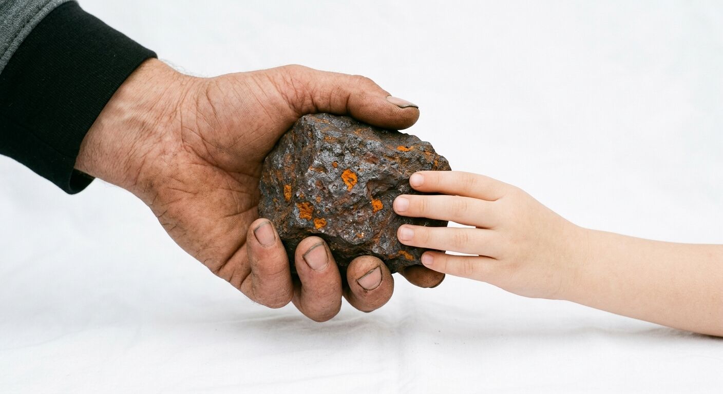 Eine raue Männerhand hält einen braunen, metallischen Gesteinsbrocken, den eine Kinderhand berührt