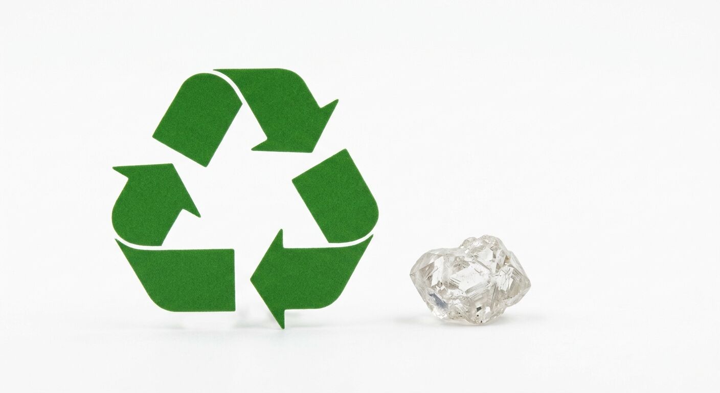 Grünes Recycling-Symbol und Rohdiamant auf weißem Hintergrund