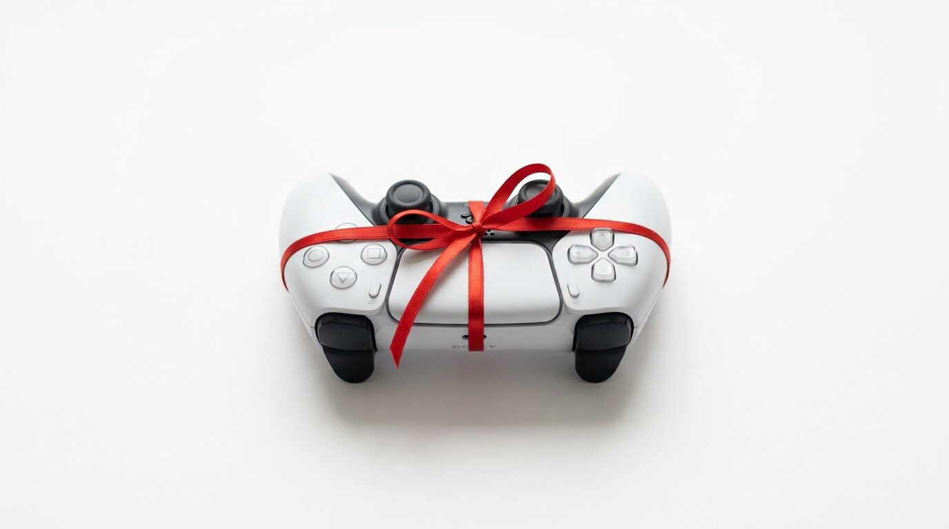 Ein weißer Gamecontroller ist mit einer roten Geschenkschleife umwickelt und liegt vor weißem Hintergrund