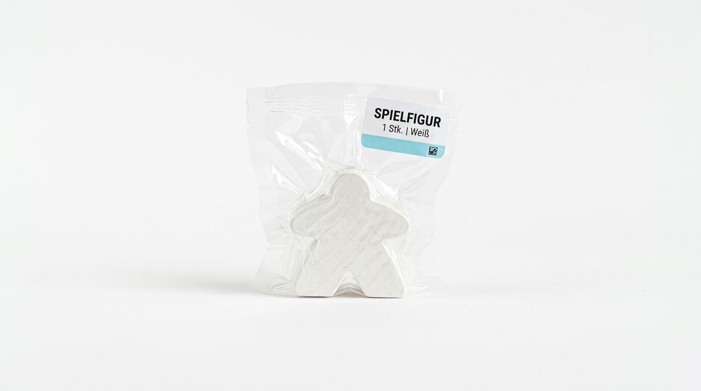 Ein weißes Holz-Meeple-Brettspielstück, einzeln in einem transparenten Plastikbeutel verpackt, wird mittig auf einem weißen Hintergrund positioniert. Der Beutel zeigt im oberen Teil ein weißes Etikett mit schwarzem Text und einem QR-Code. Der Text liest: SPIELFIGUR (oben, in größerer Schrift) und 1 Stk. | Weiß (darunter, in kleinerer Schrift). Der hellblaue Balken im unteren Teil des Etiketts enthält den QR-Code und einen weißen Rand. Der Meeple ist auf der rechten Seite leicht abgewinkelt, wodurch seine Form klar erkennbar ist. Das Produkt hat ein klares, professionelles Erscheinungsbild