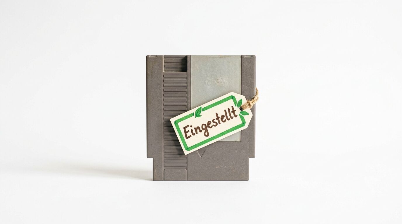 Graues Videospielmodul mit Anhänger, Aufschrift „Eingestellt“ in grünem Rahmen