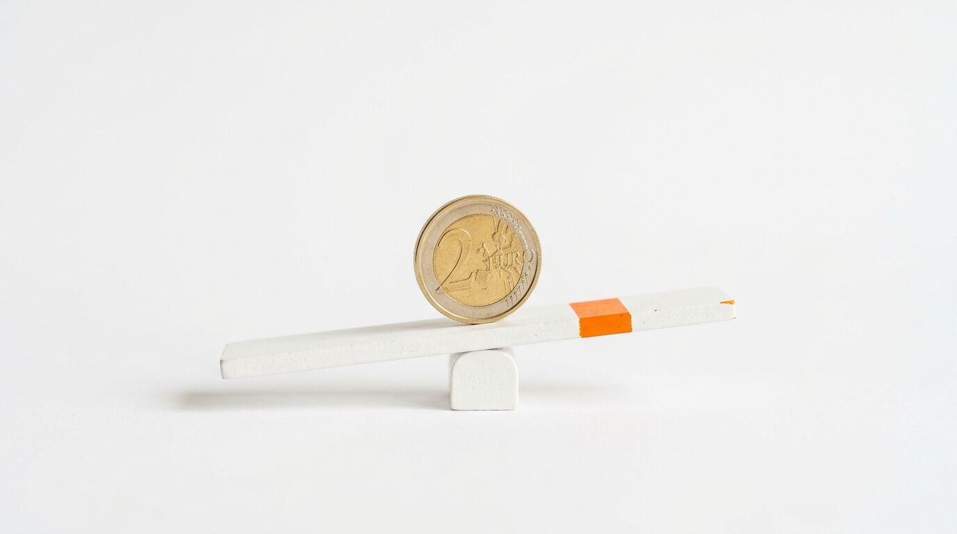 Eine 2-Euro-Münze auf einer weißen Wippe mit orangefarbenem Streifen, links tiefer