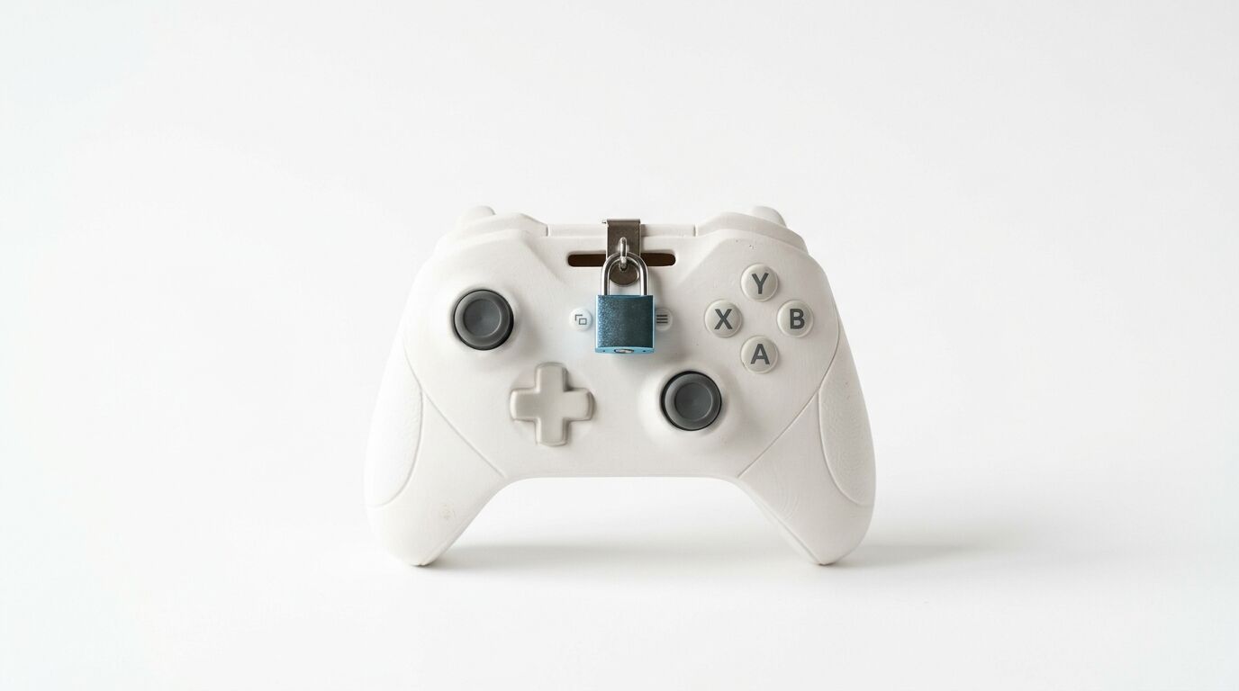 Weißer Spielcontroller, in dessen Mitte ein kleines blaues Vorhängeschloss angebracht ist