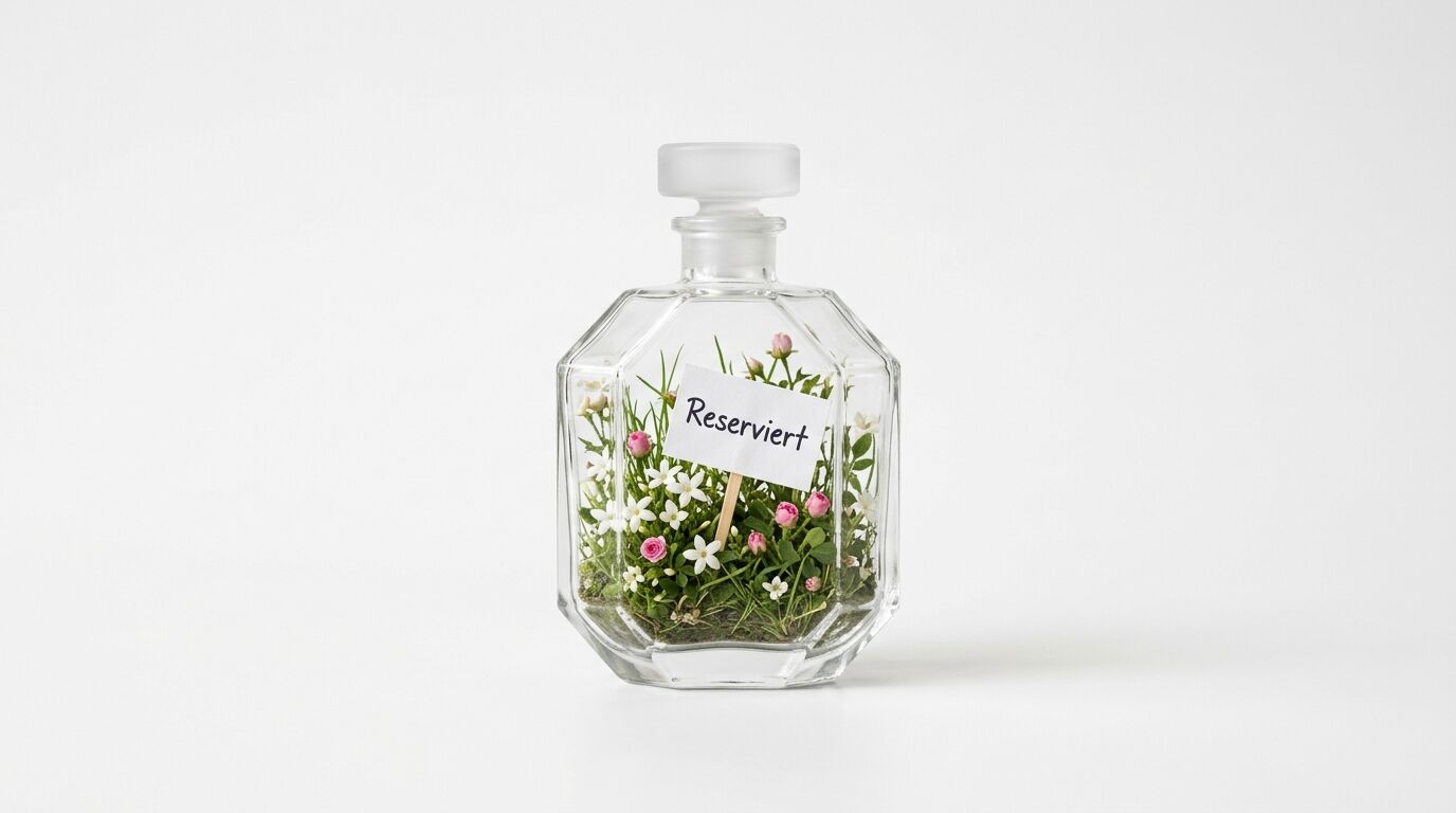 Ein eckiger Glasflakon mit Blumen und einem Schild mit der Aufschrift „Reserviert“ darin