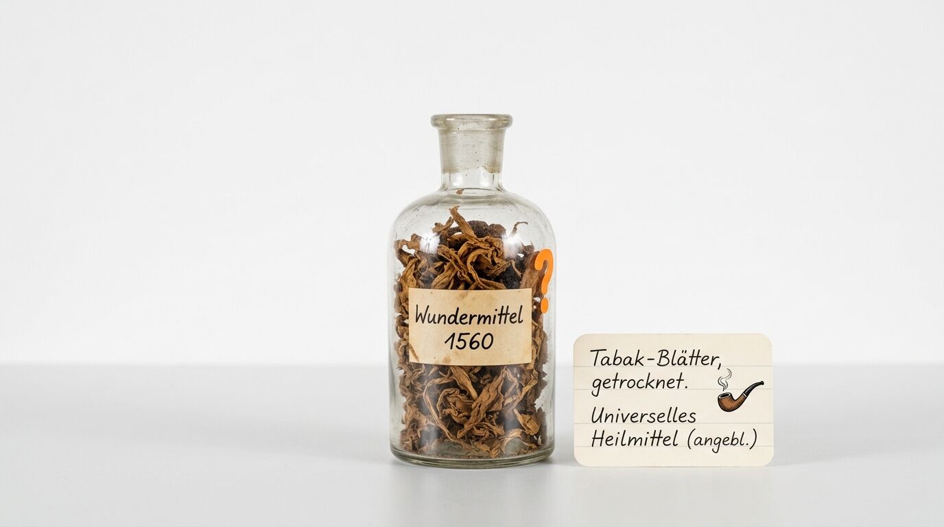 Glasflasche mit getrockneten Blättern und Etikett, daneben Karte mit handschriftlichem Text