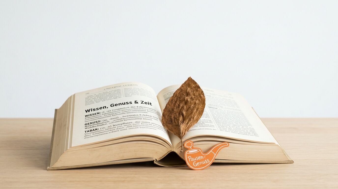 Geöffnetes Buch mit trockenem Tabakblatt und Lesezeichen in Form einer Pfeife auf Holztisch