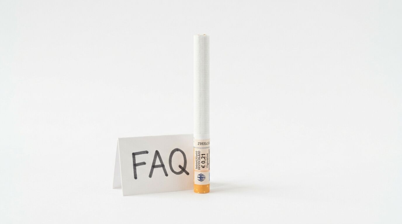 Zigarettte mit Steuermarke neben FAQ-Schild auf weißem Hintergrund