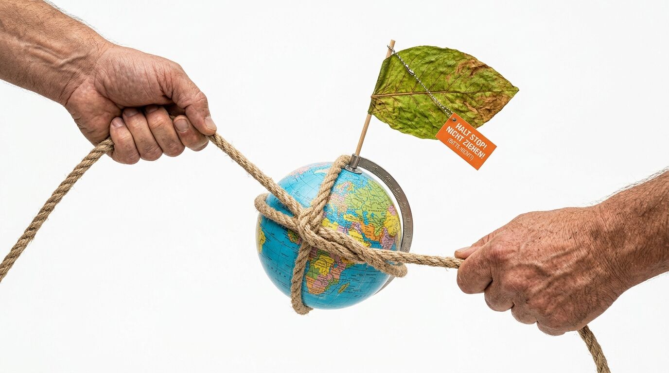 Zwei Hände ziehen an einem Seil, das um einen Globus mit Blatt und Warnschild verknotet ist