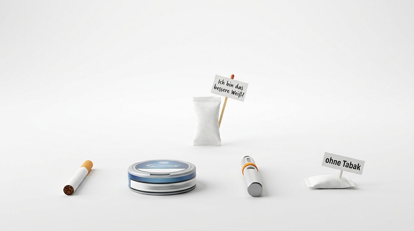 Zigarette, Snus, E-Zigarette, weißer Beutel mit Schildern 
