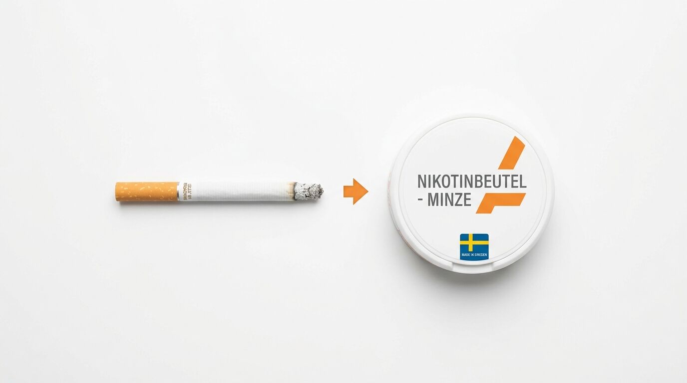 Zigarette, Pfeil nach rechts und eine Dose schwedischer Nikotinbeutel mit Minzgeschmack