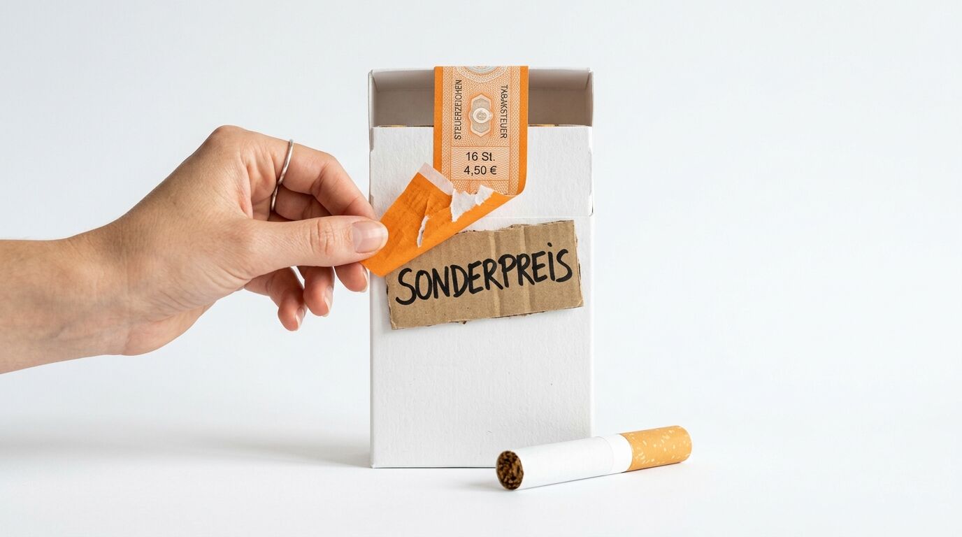 Zigarettenschachtel mit Banderole, eine Hand zieht orangefarbenes Band ab, Karton mit Text SONDERPREIS