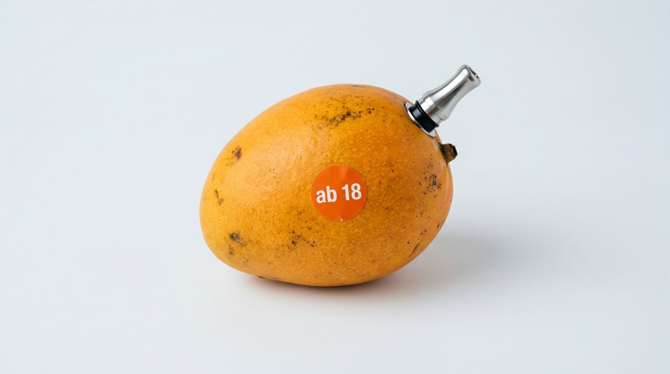 Mango mit eingestecktem E-Zigaretten-Drip-Tip und einem orangefarbenen „ab 18“-Sticker