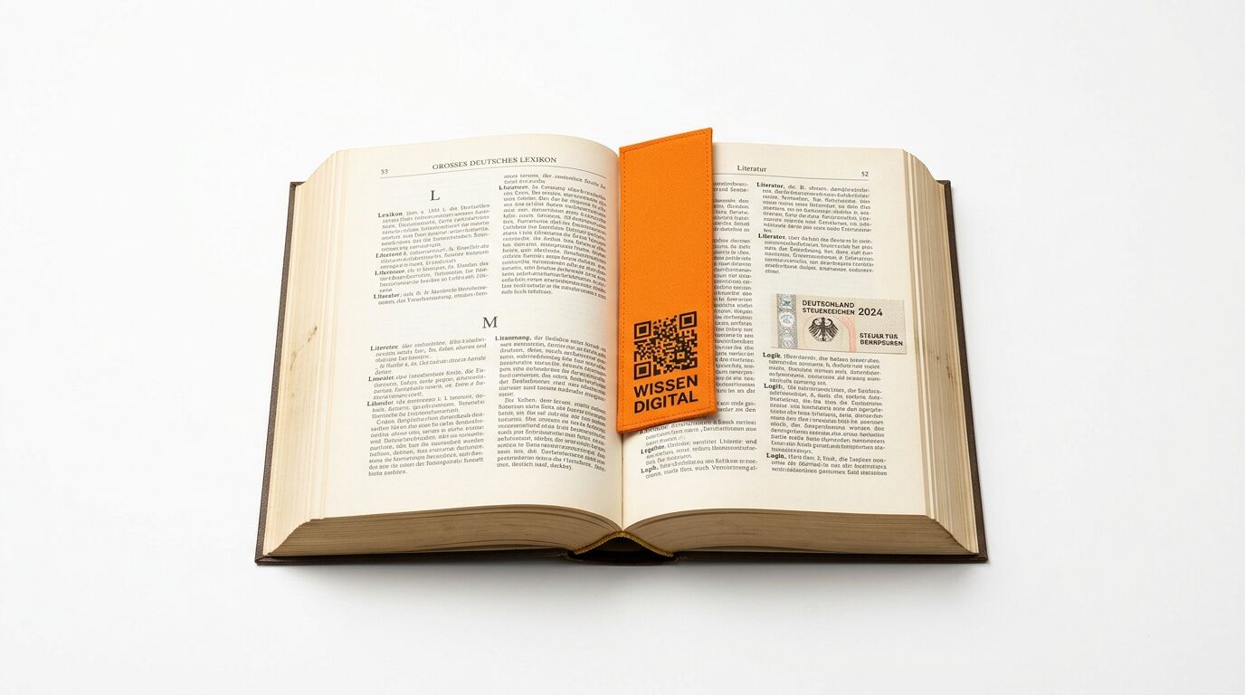 Geöffnetes Lexikon mit orangefarbenem QR-Code-Lesezeichen und Steuermarke auf weißem Grund