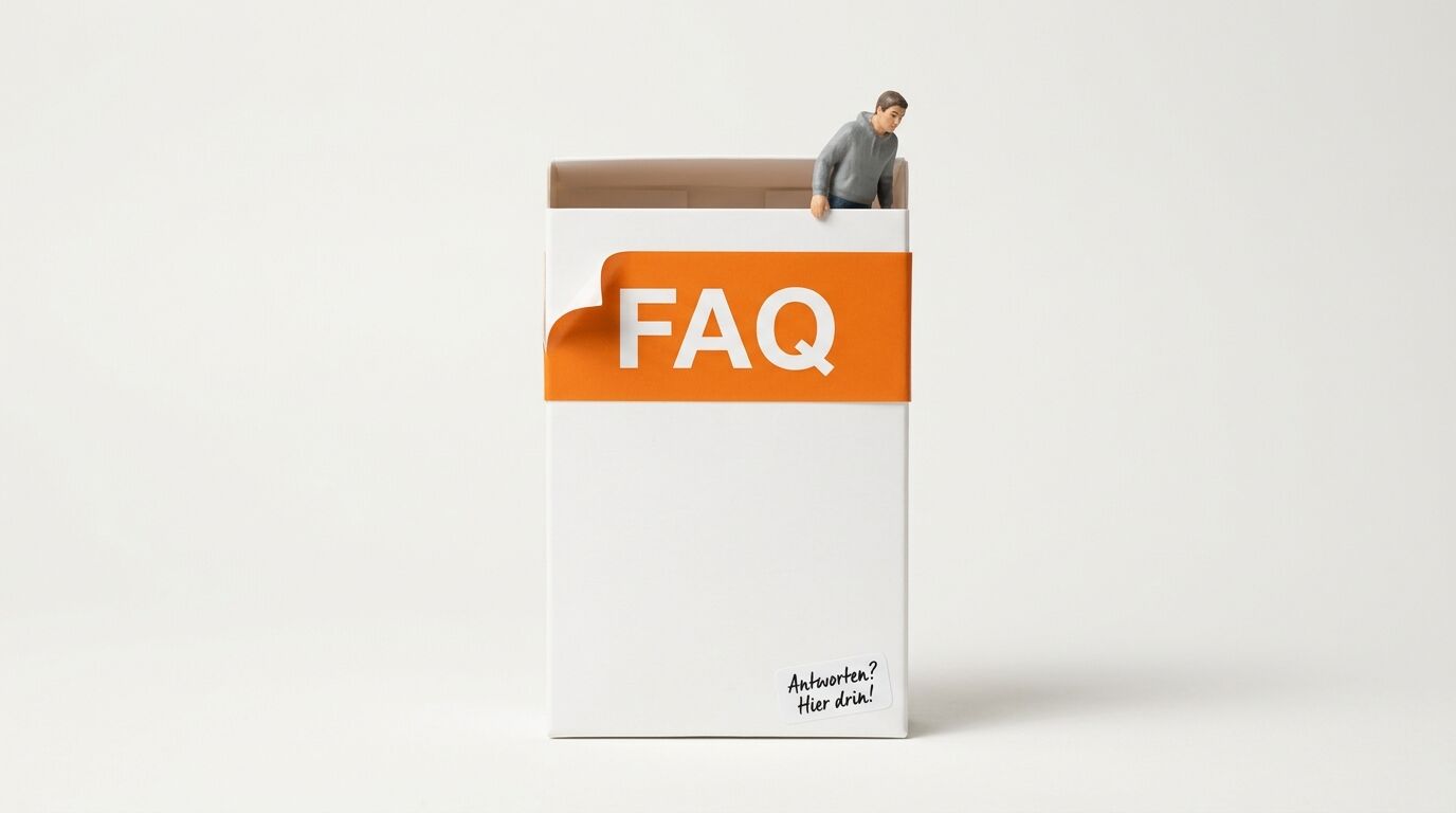 Eine weiße Box mit der Aufschrift FAQ und einer kleinen Figur, die oben herausschaut