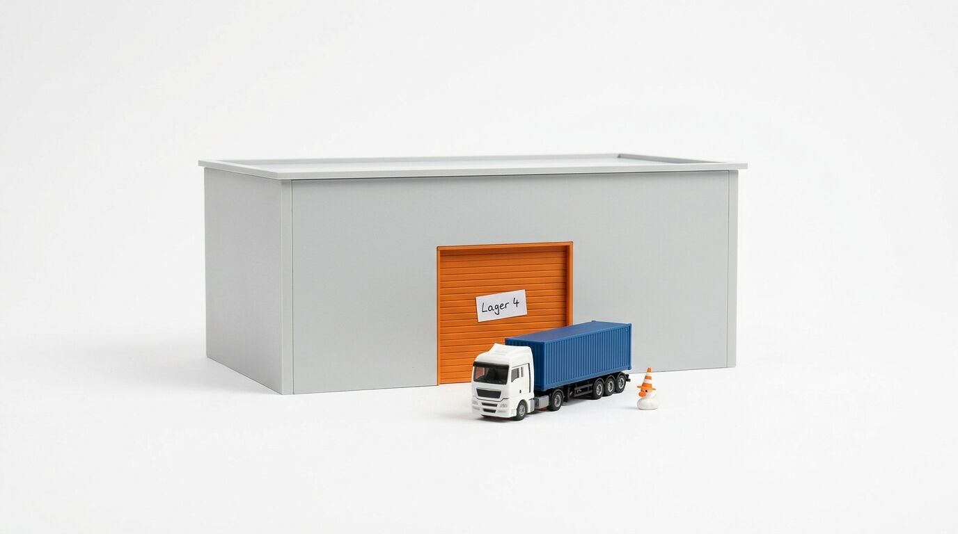 Modellhalle mit Lkw, Container und Pylon vor einem orangefarbenen Rolltor auf weißem Grund