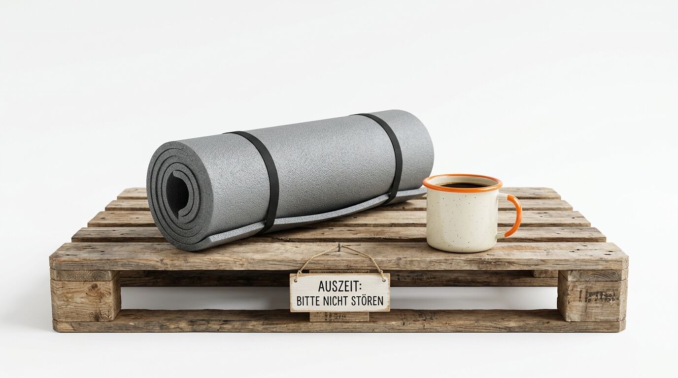Isomatte und Tasse auf Holzpalette, davor ein Schild „Auszeit: Bitte nicht stören“