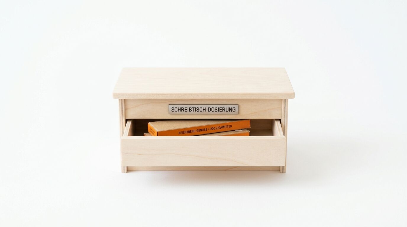 Holzschachtel mit offener Schublade, Zigarillo-Packung und Metallschild