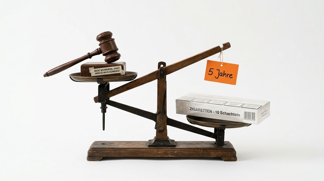 Alte Waage mit Richterhammer links und Zigarettenstange rechts, beschriftet mit „5 Jahre“