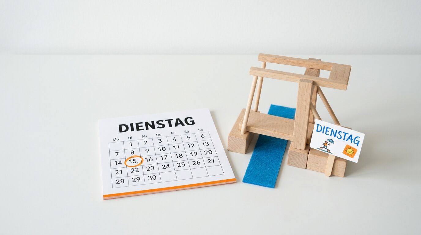 Ein Kalenderblatt und eine Holzkonstruktion zeigen an: Heute ist Dienstag, der Fünfzehnte