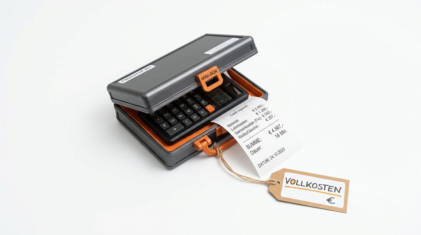 Ein grauer Koffer mit Taschenrechner, Kassenbon und einem Anhänger mit der Aufschrift Vollkosten €