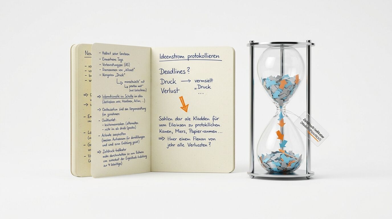 Notizbuch mit Text neben einer Sanduhr gefüllt mit grauen, blauen und orangen Schnipseln