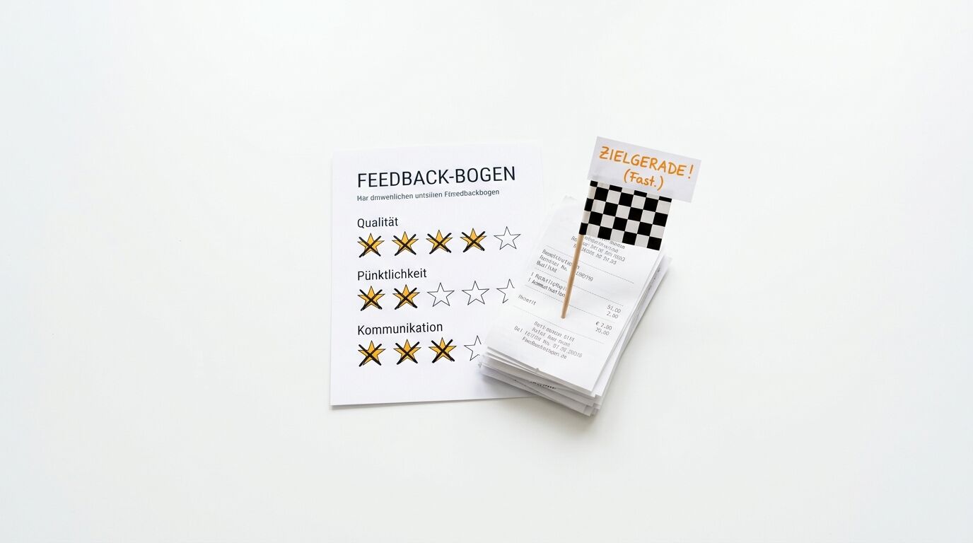 Draufsicht auf einen Feedback-Bogen mit Sternen und Quittungsstapel mit Fähnchen auf Weiß