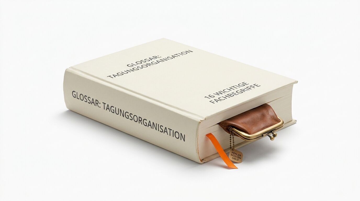 Ein Glossar-Buch mit Ledergeldbeutel und Lesezeichen auf weißem Hintergrund