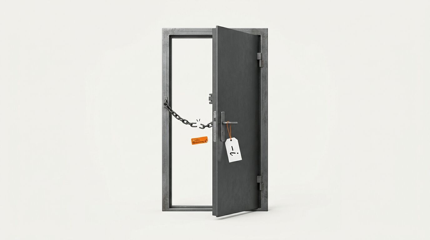 Geöffnete Stahltür mit zerbrochener Kette, Anhänger und orangefarbenem Aufkleber vor hellem Hintergrund