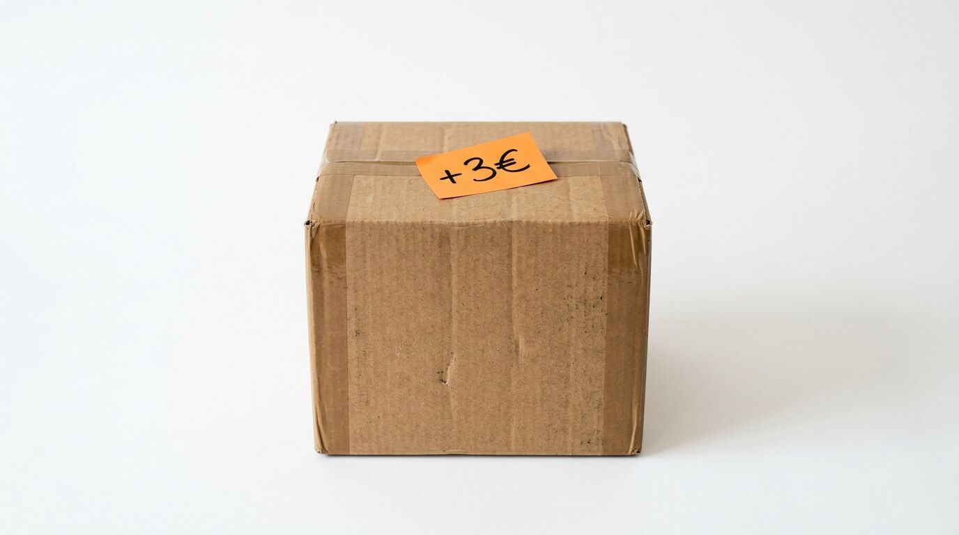 Ein braunes Paket mit orangem Aufkleber, beschriftet mit 