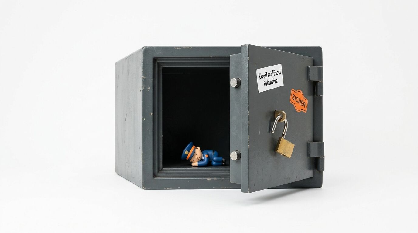 Offener Tresor mit Aufklebern, darin schlafende Polizistenfigur, Vorhängeschloss an der Tür